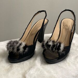 Kate spade black tweed heels with fur detail